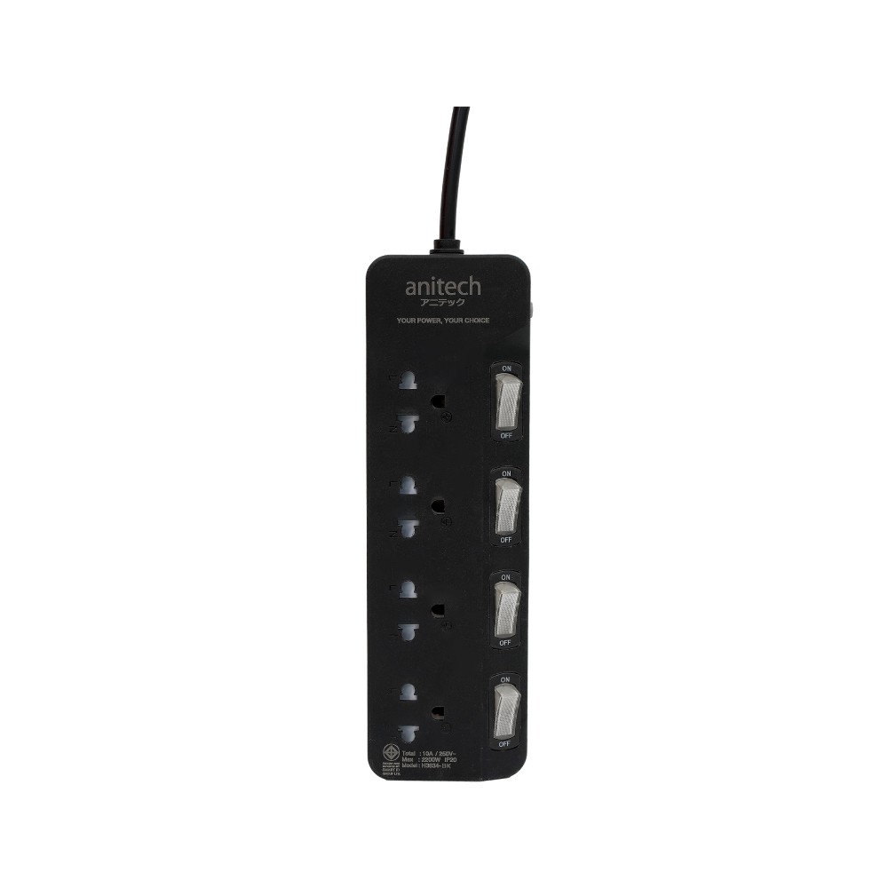 ปลั๊กไฟ Anitech TIS 2200W 4 Socket 4 Switch 3M H3634 Black