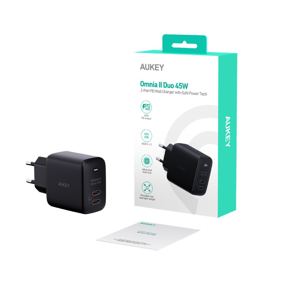อะแดปเตอร์ AUKEY Wall USB Charger 2 USB-C Omnia II Dual 45W GaN Black (PA-B4T BK)