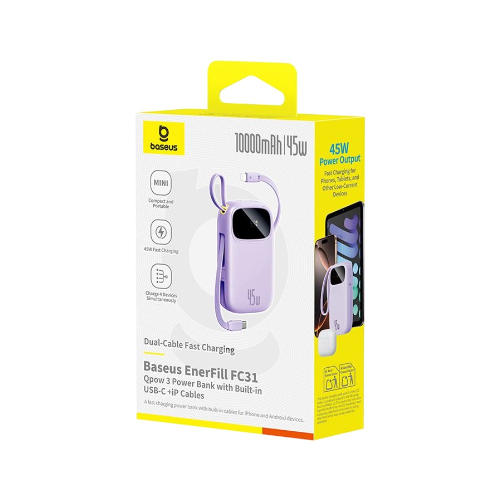 พาวเวอร์แบงค์ Baseus 10000 mAh EnerFill FC31 Display with 2 Built-in USB-C&Lightning Cables 45W Nebula Purple (CCC)