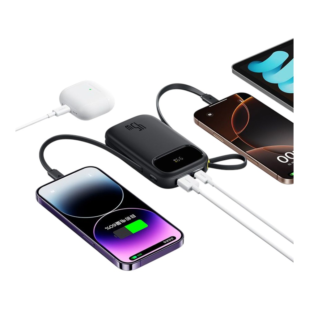 พาวเวอร์แบงค์ Baseus 10000 mAh EnerFill FC31 Display with 2 Built-in USB-C&Lightning Cables 45W Cosmic Black (CCC)