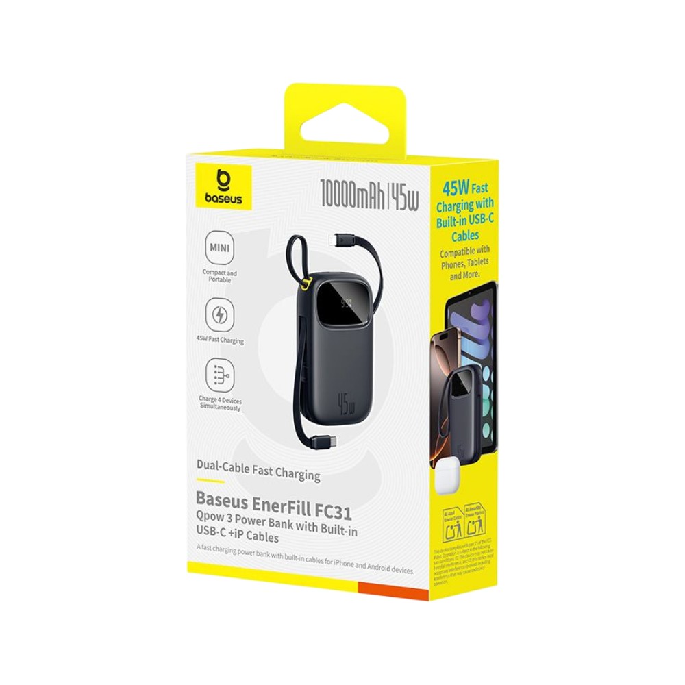 พาวเวอร์แบงค์ Baseus 10000 mAh EnerFill FC31 Display with 2 Built-in USB-C&Lightning Cables 45W Cosmic Black (CCC)
