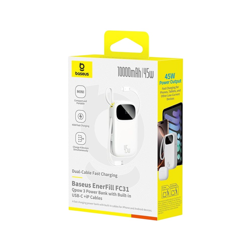 พาวเวอร์แบงค์ Baseus 10000 mAh EnerFill FC31 Display with 2 Built-in USB-C&Lightning Cables 45W Moon White (CCC)