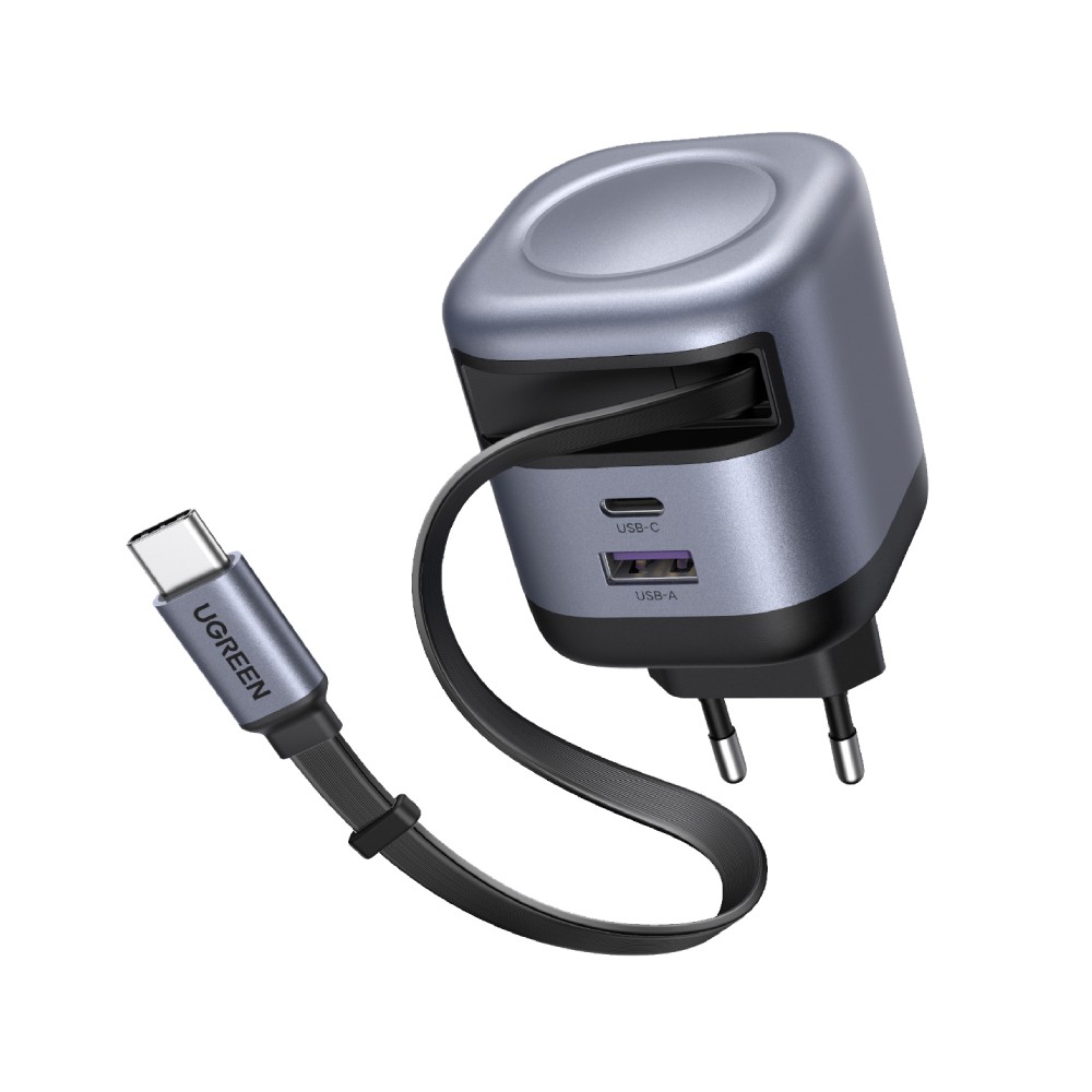 อะแดปเตอร์ Ugreen Wall USB Charger 1 USB-A/1 USB-C (PD45W) Retractable Cable GaN Gray (75596)