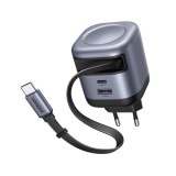 อะแดปเตอร์ Ugreen Wall USB Charger 1 USB-A/1 USB-C (PD45W) Retractable Cable GaN Gray (75596)
