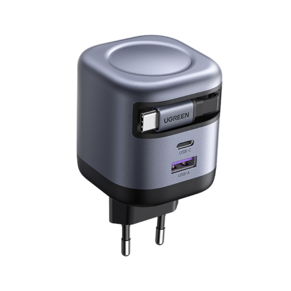 อะแดปเตอร์ Ugreen Wall USB Charger 1 USB-A/1 USB-C (PD45W) Retractable Cable GaN Gray (75596)