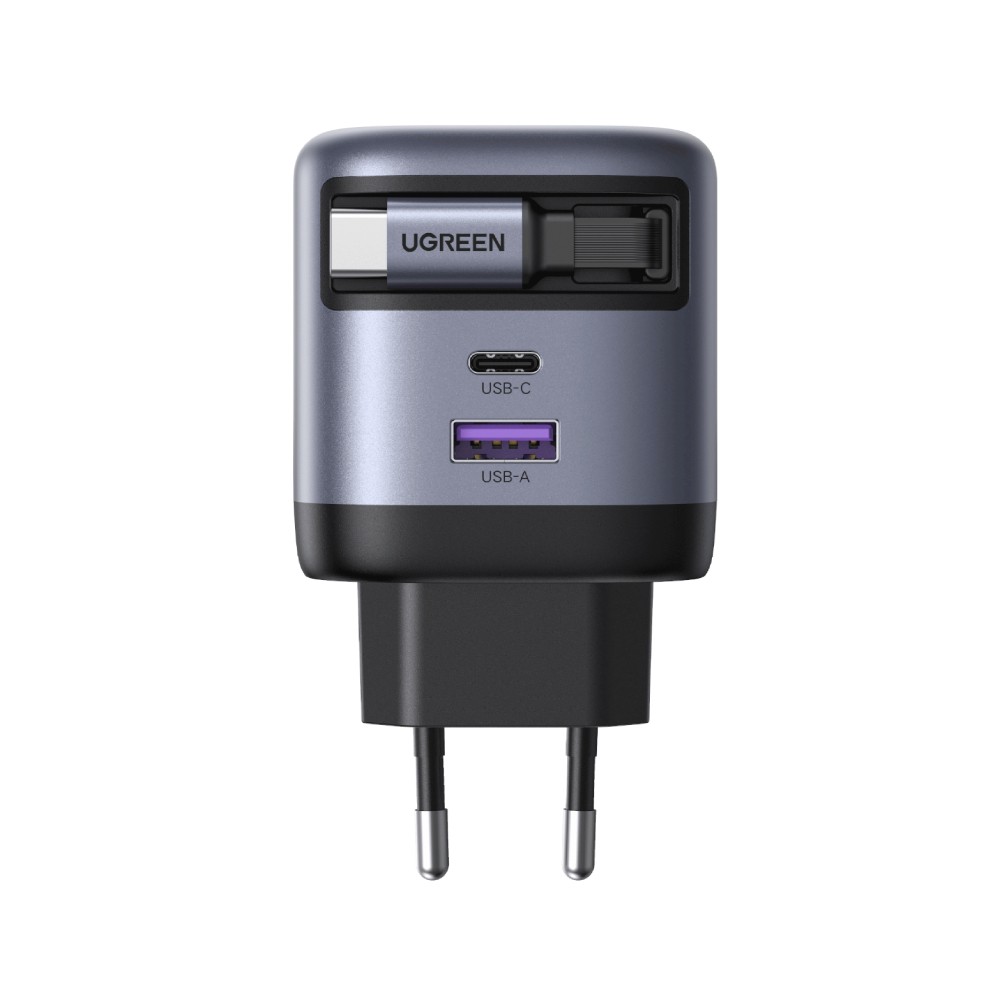 อะแดปเตอร์ Ugreen Wall USB Charger 1 USB-A/1 USB-C (PD45W) Retractable Cable GaN Gray (75596)