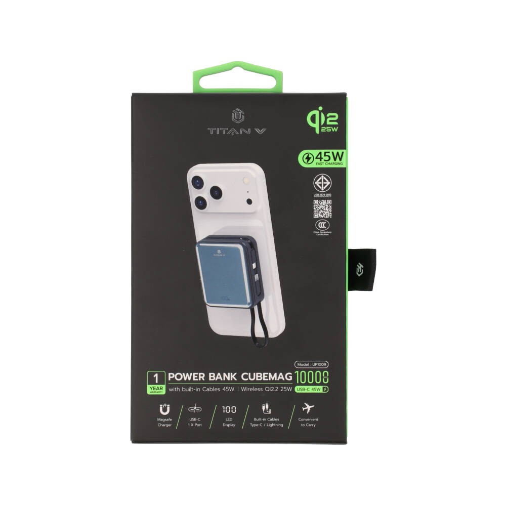พาวเวอร์แบงค์ TITANV CubeMag 10000 mAh with built-in Cables 45W Wireless Qi2.2 25W Black (CCC)