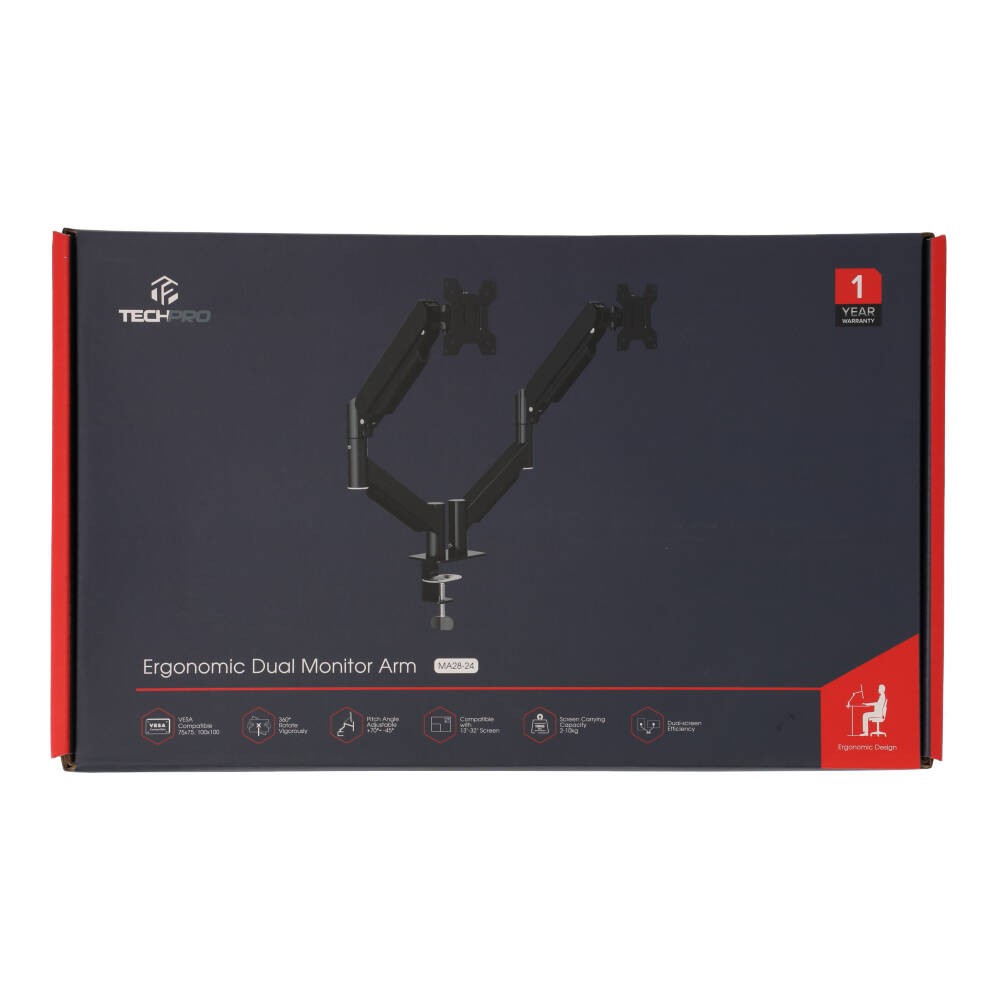 แขนจับจอมอนิเตอร์ TECHPRO Ergonomic Dual Monitor Arm Black (MA28-24)