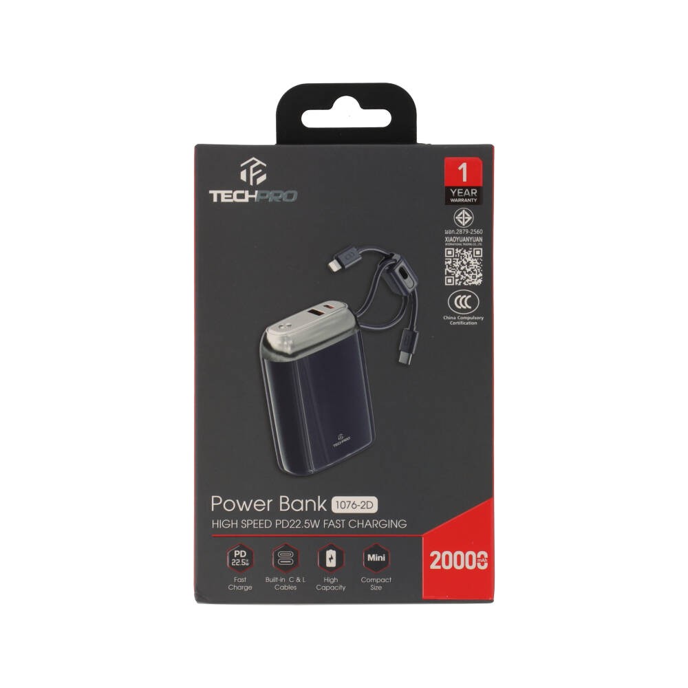 พาวเวอร์แบงค์ TECHPRO 20000 mAh Built-In Cable 22.5W 1076-2D (CCC) Navy Blue