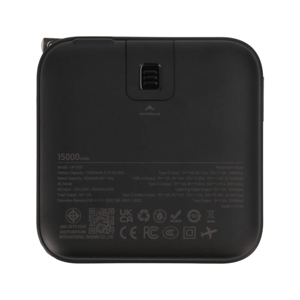 พาวเวอร์แบงค์ TECHPRO 15,000 mAh Built-In Cable 3-in-1 22.5W UP1501 (CCC) Black