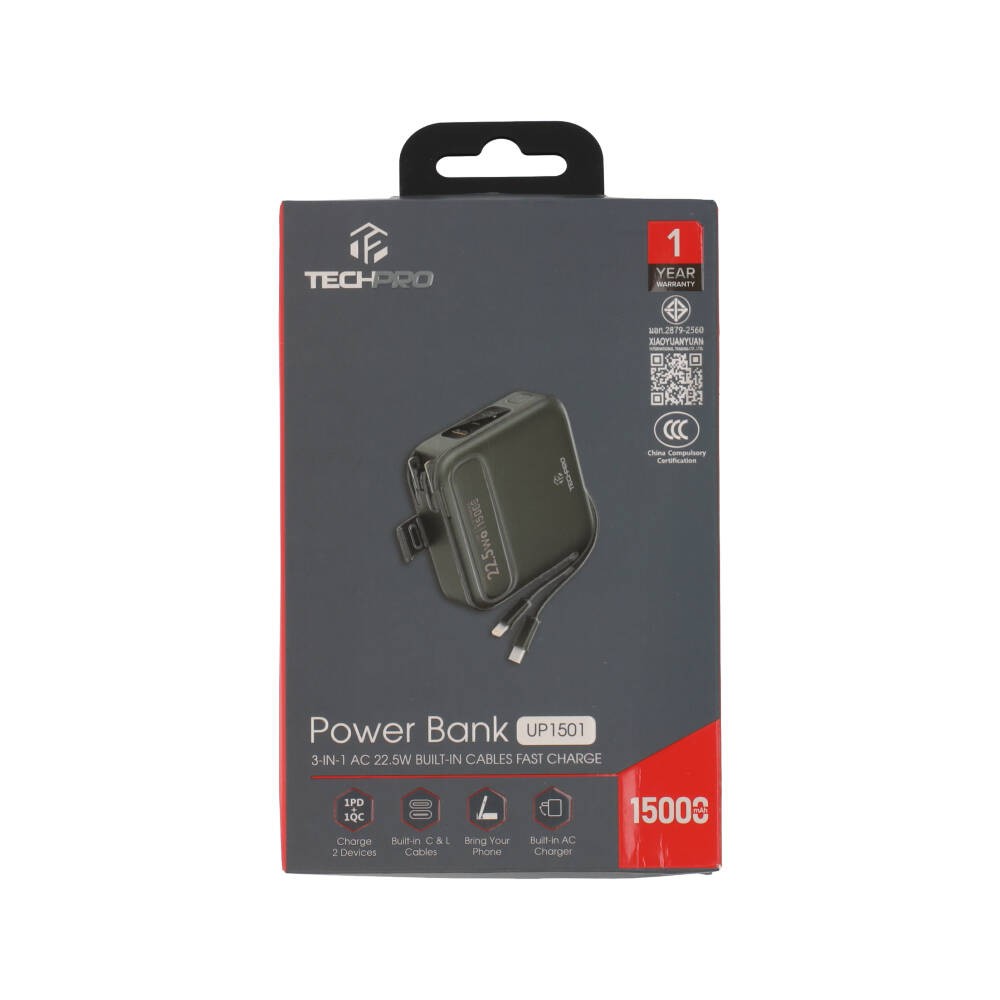 พาวเวอร์แบงค์ TECHPRO 15,000 mAh Built-In Cable 3-in-1 22.5W UP1501 (CCC) Black