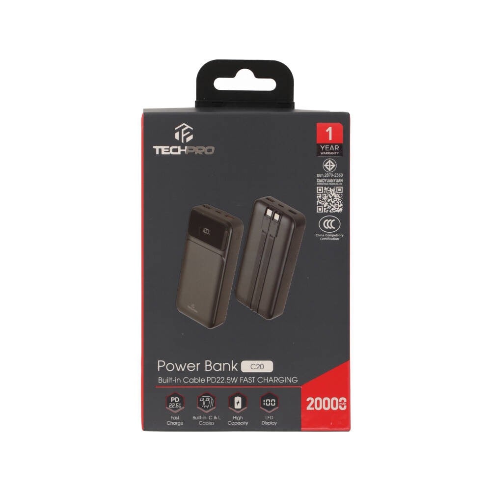 พาวเวอร์แบงค์ TECHPRO 20,000 mAh Built in Cable 22.5W C20 (CCC) Black