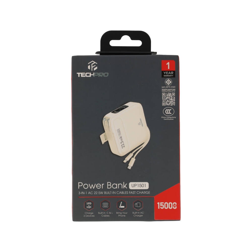 พาวเวอร์แบงค์ TECHPRO 15,000 mAh Built-In Cable 3-in-1 22.5W UP1501 (CCC) Cream