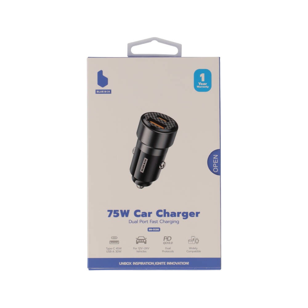 ที่ชาร์จแบตในรถ Blue Box Car Charger 1 USB-A / 1 USB-C (75W) Black (BB-CC05)