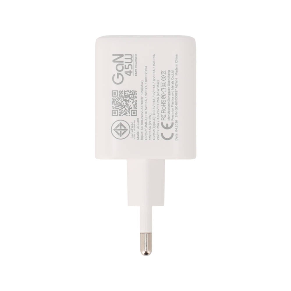 อะแดปเตอร์ TECHPRO Wall USB Charger 1 USB-C (PD45W) + USB-C to USB-A AG-401 White
