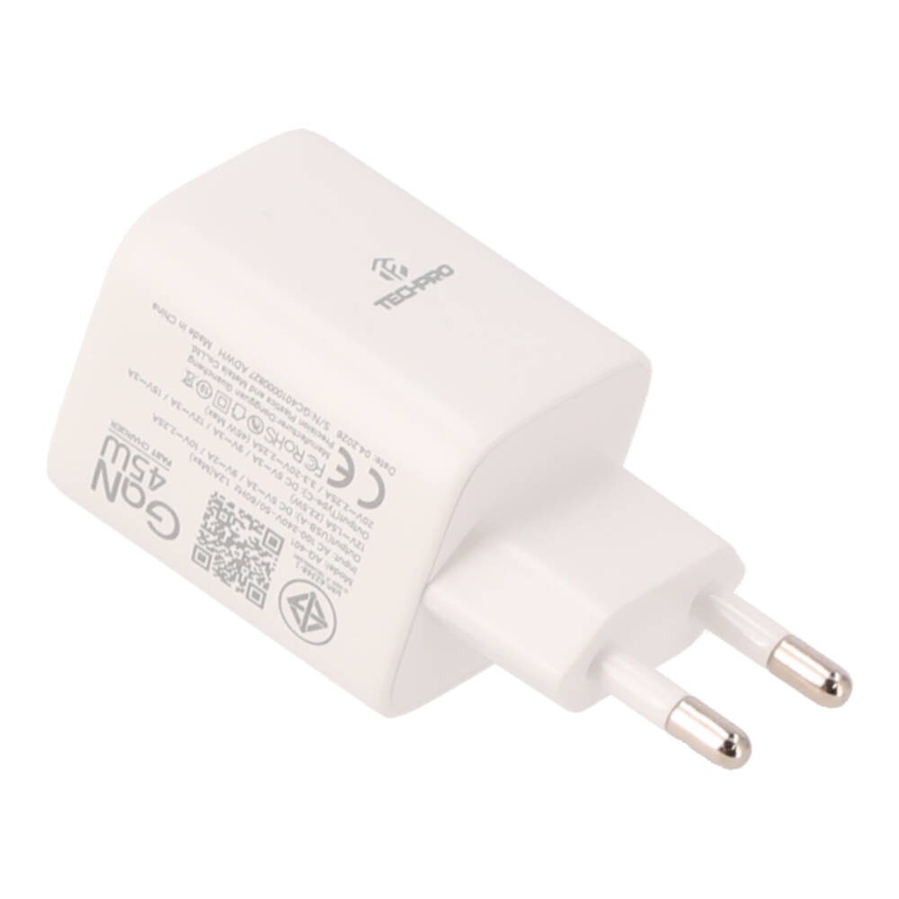 อะแดปเตอร์ TECHPRO Wall USB Charger 1 USB-C (PD45W) + USB-C to USB-A AG-401 White
