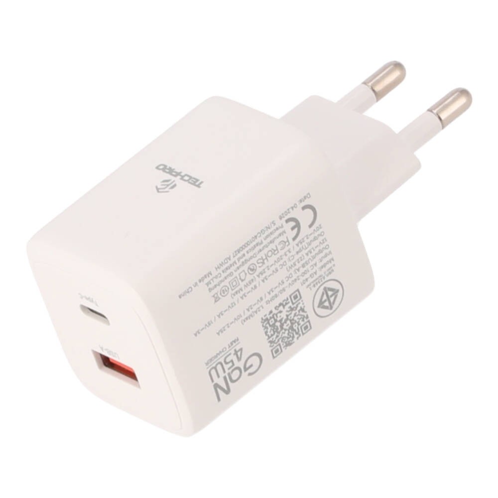อะแดปเตอร์ TECHPRO Wall USB Charger 1 USB-C (PD45W) + USB-C to USB-A AG-401 White