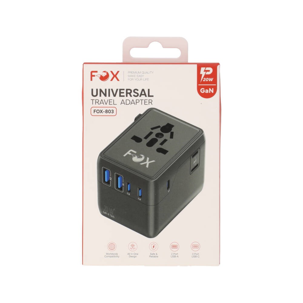 หัวแปลงปลั๊กไฟ FOX Universal Travel Adapter 20W Black