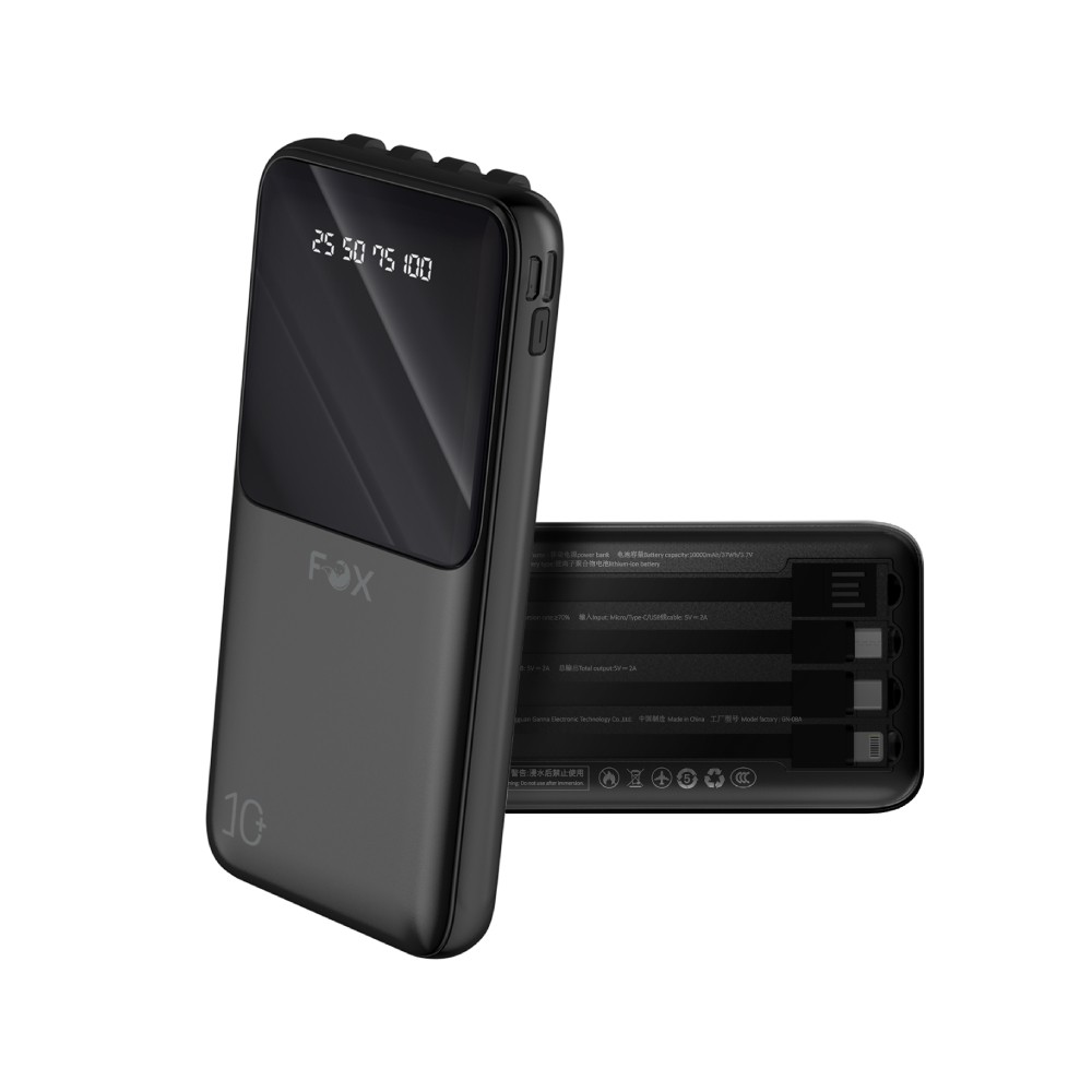 พาวเวอร์แบงค์ FOX 10,000 mAh with Built-in Cable LED Display AG1001 (CCC) Black