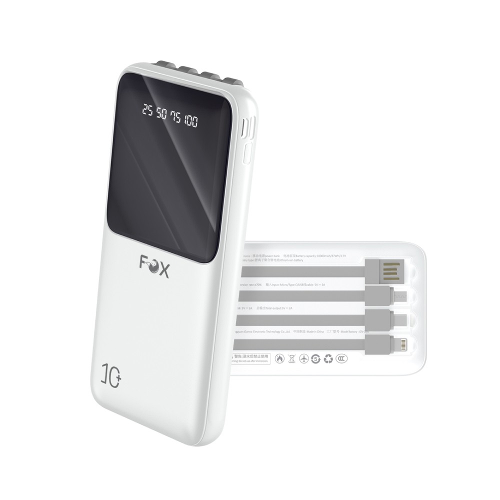 พาวเวอร์แบงค์ FOX 10,000 mAh with Built-in Cable LED Display AG1001 (CCC) White