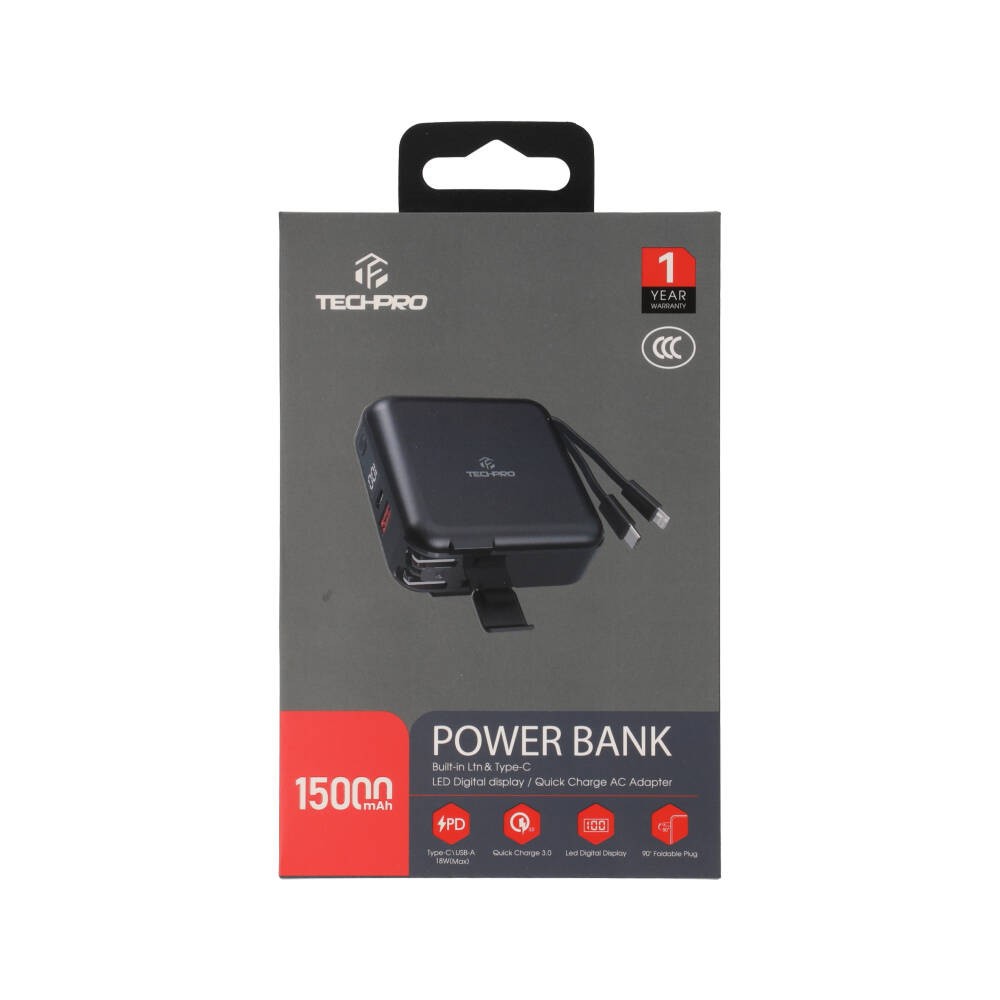 พาวเวอร์แบงค์ TECHPRO 15,000 mAh Built-in Cable BC19 N (CCC) Black