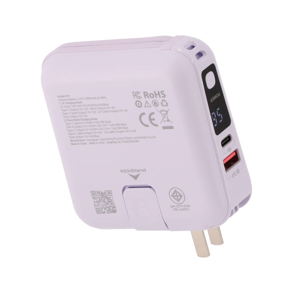 พาวเวอร์แบงค์ TECHPRO 15,000 mAh Built-in Cable BC19 N (CCC) Purple