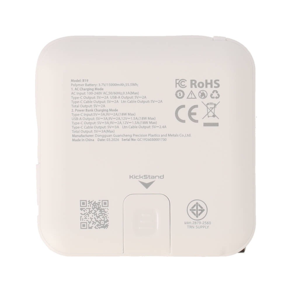 พาวเวอร์แบงค์ TECHPRO 15,000 mAh Built-in Cable BC19 N (CCC) White