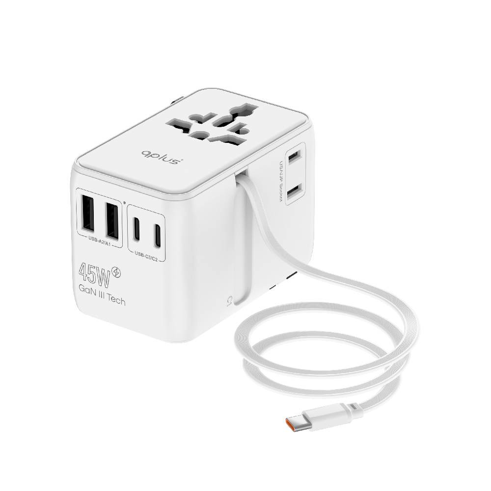 หัวแปลงปลั๊กไฟ QPLUS Universal Travel 45W Built In Cable 1005DTW White