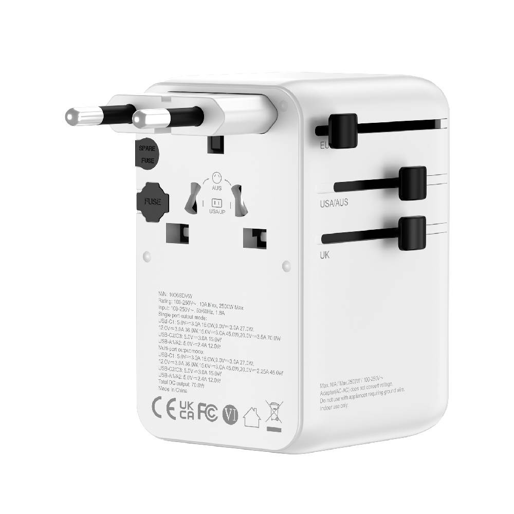 หัวแปลงปลั๊กไฟ QPLUS Universal Travel 70W Built In Cable 1006SDVW White