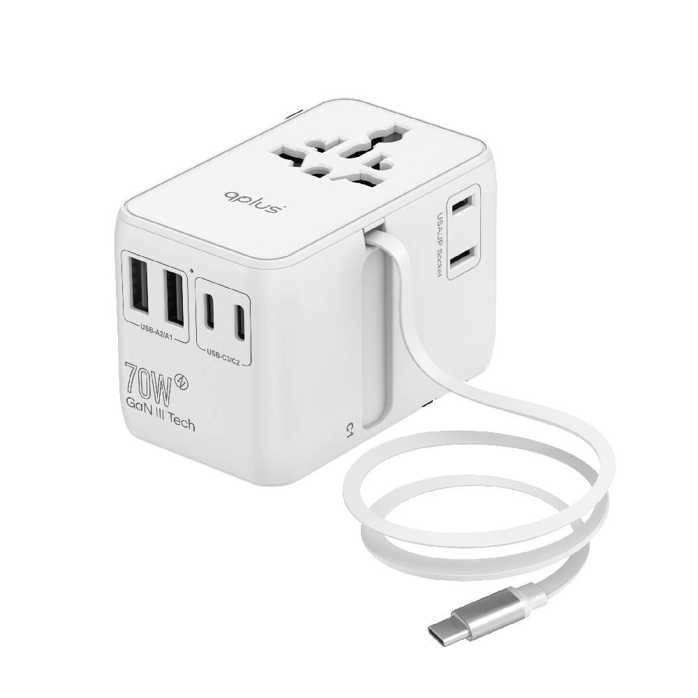 หัวแปลงปลั๊กไฟ QPLUS Universal Travel 70W Built In Cable 1006SDVW White