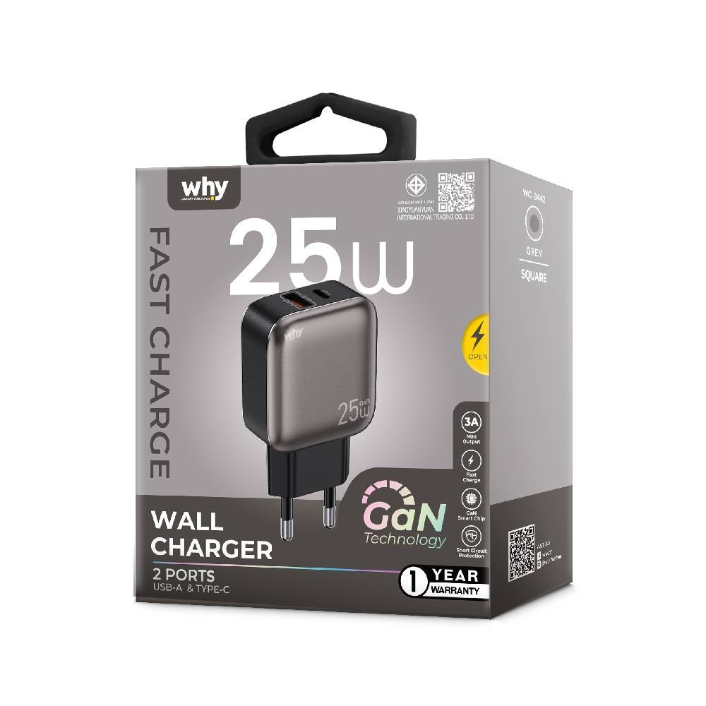 อะแดปเตอร์ WHY Wall USB Charger 1 USB-A / 1 USB-C (PD25W) Gray (WC-3442)