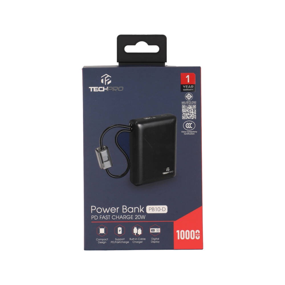 พาวเวอร์แบงค์ TECHPRO 10,000 mAh Built-in Cable PB10-D Black