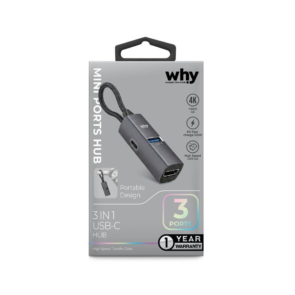 อะแดปเตอร์ฮับ Why Mini Sync Hub Type-C 3 in 1 HB-1066 Gray
