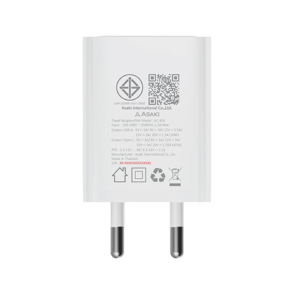 อะแดปเตอร์ ASAKI Wall USB Charger 1 USB-A / 1 USB-C (PD45W) (A-2440D) (TISI)