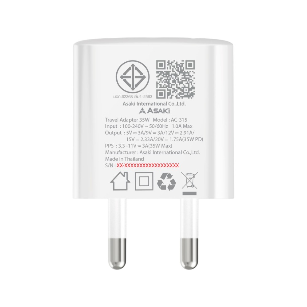 อะแดปเตอร์ ASAKI Wall USB Charger 1 USB-C (PD35W) White (A-2434D) (TISI)