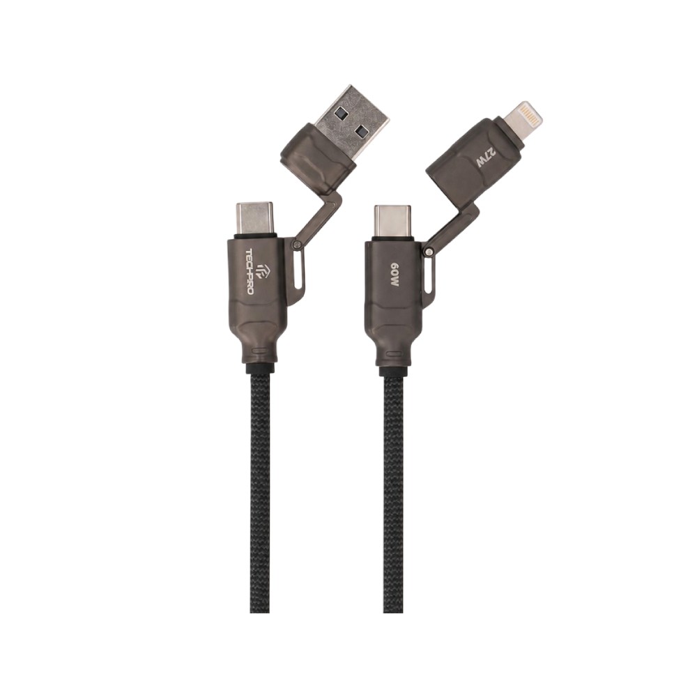 สายชาร์จ TECHPRO 4-in-1 Multifunctional Cable 60W Fast Charge & Data 1.2M Black