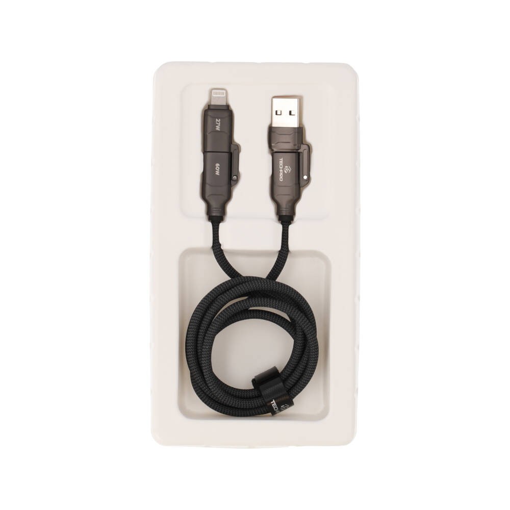 สายชาร์จ TECHPRO 4-in-1 Multifunctional Cable 60W Fast Charge & Data 1.2M Black