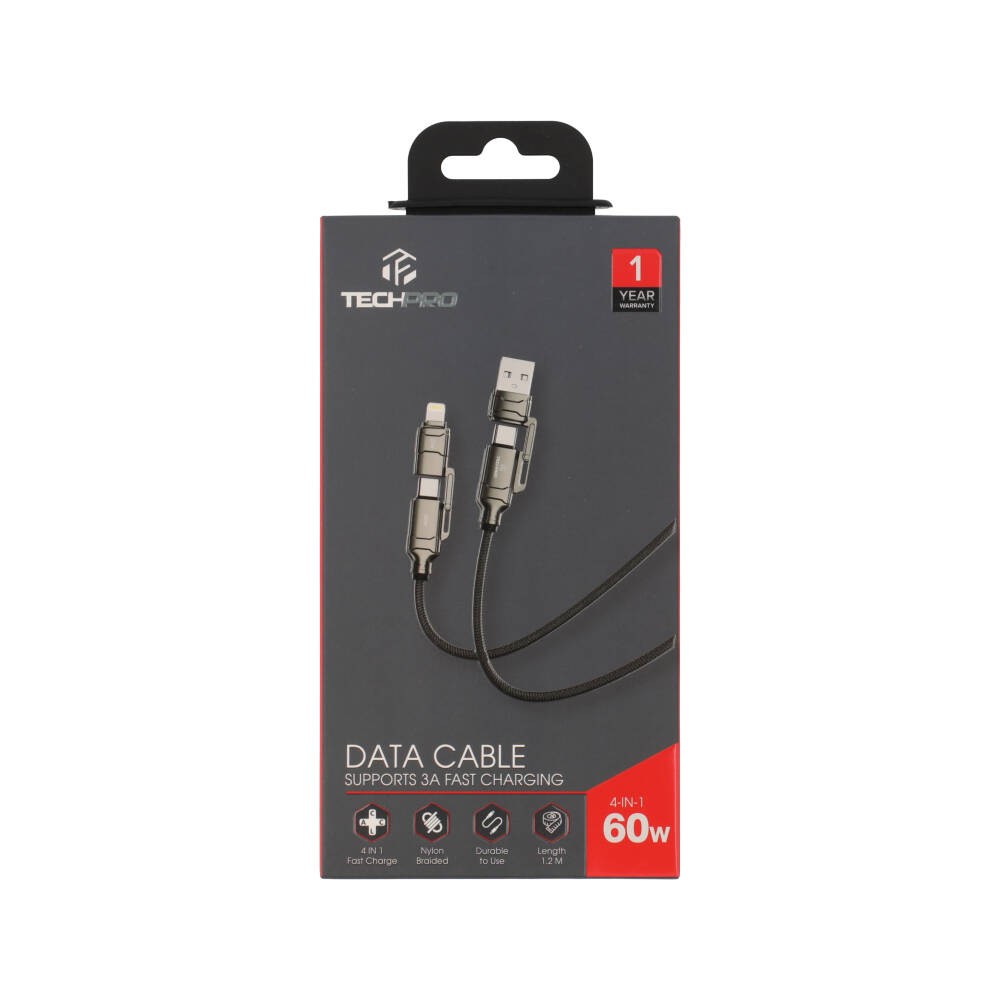 สายชาร์จ TECHPRO 4-in-1 Multifunctional Cable 60W Fast Charge & Data 1.2M Black