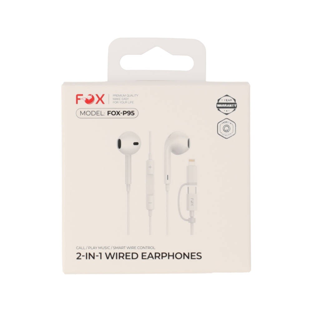 หูฟัง FOX 2-in-1 Wired Earphones Type-C and Lightning with Mic & Volume Control (P95) White
