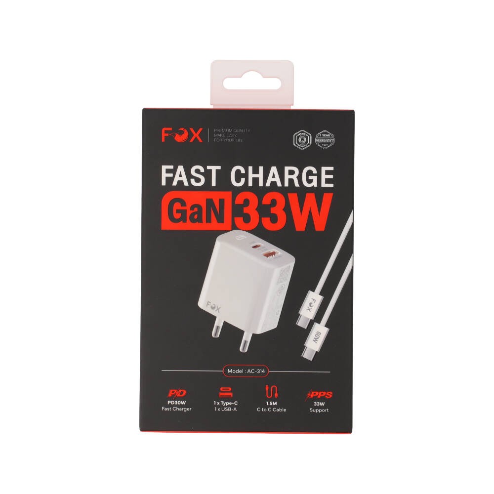 อะแดปเตอร์ FOX Wall USB Charger 1 USB-A (PD18W) / 1 USB-C (PD33W) + USB-C to USB-C Cable 1M. White (AC-314)