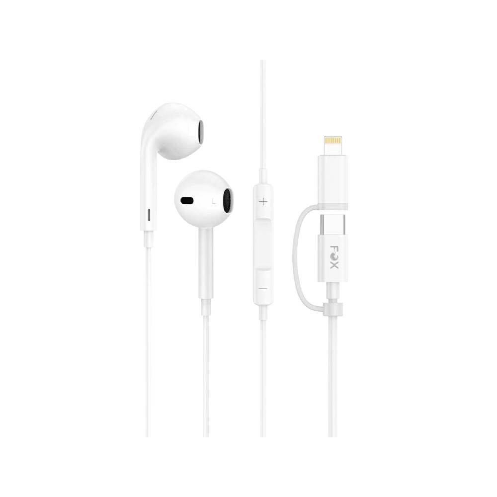 หูฟัง FOX 2-in-1 Wired Earphones Type-C and Lightning with Mic & Volume Control (P95) White