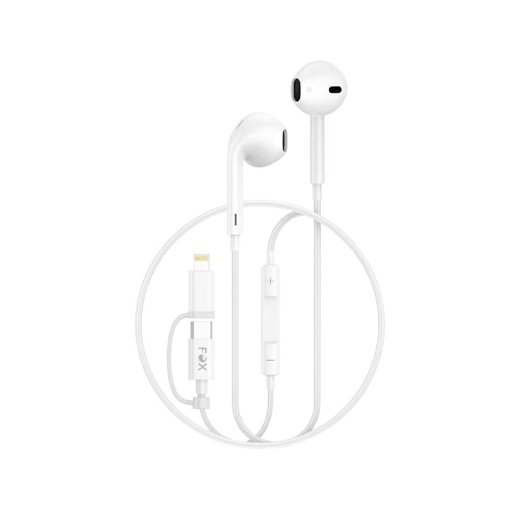 หูฟัง FOX 2-in-1 Wired Earphones Type-C and Lightning with Mic & Volume Control (P95) White