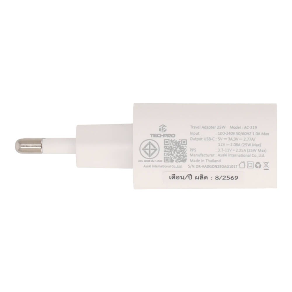 อะแดปเตอร์ TECHPRO Wall USB Charger 1 USB-C (PD25W/GAN) White (AC-219) (New TISI)