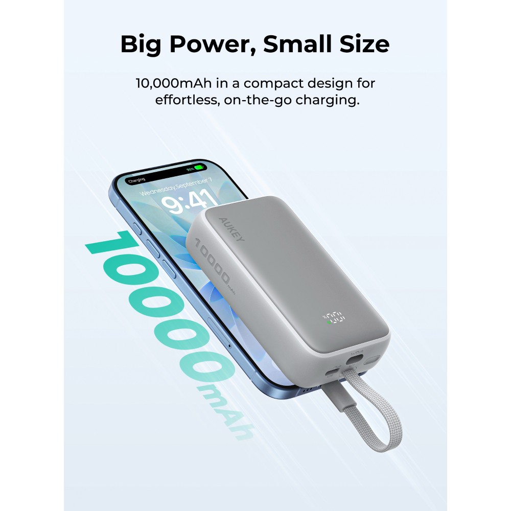 พาวเวอร์แบงค์ AUKEY 10000 mAh Spark Sling Fast Charging USB-C Cable PB-Y61 Light Gray (CCC)