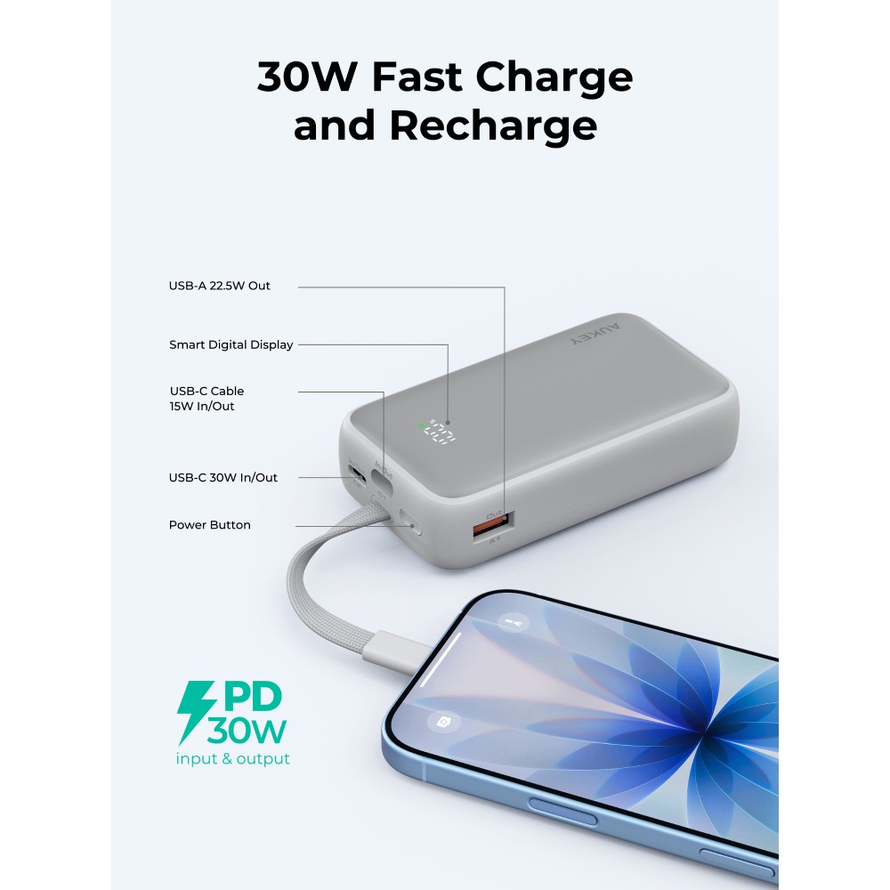 พาวเวอร์แบงค์ AUKEY 10000 mAh Spark Sling Fast Charging USB-C Cable PB-Y61 Light Gray (CCC)