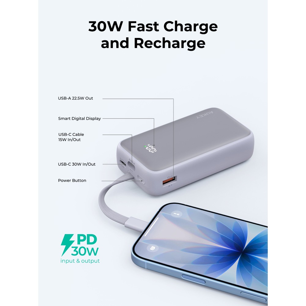 พาวเวอร์แบงค์ AUKEY 10000 mAh Spark Sling Fast Charging USB-C Cable PB-Y61 Light Purple (CCC)