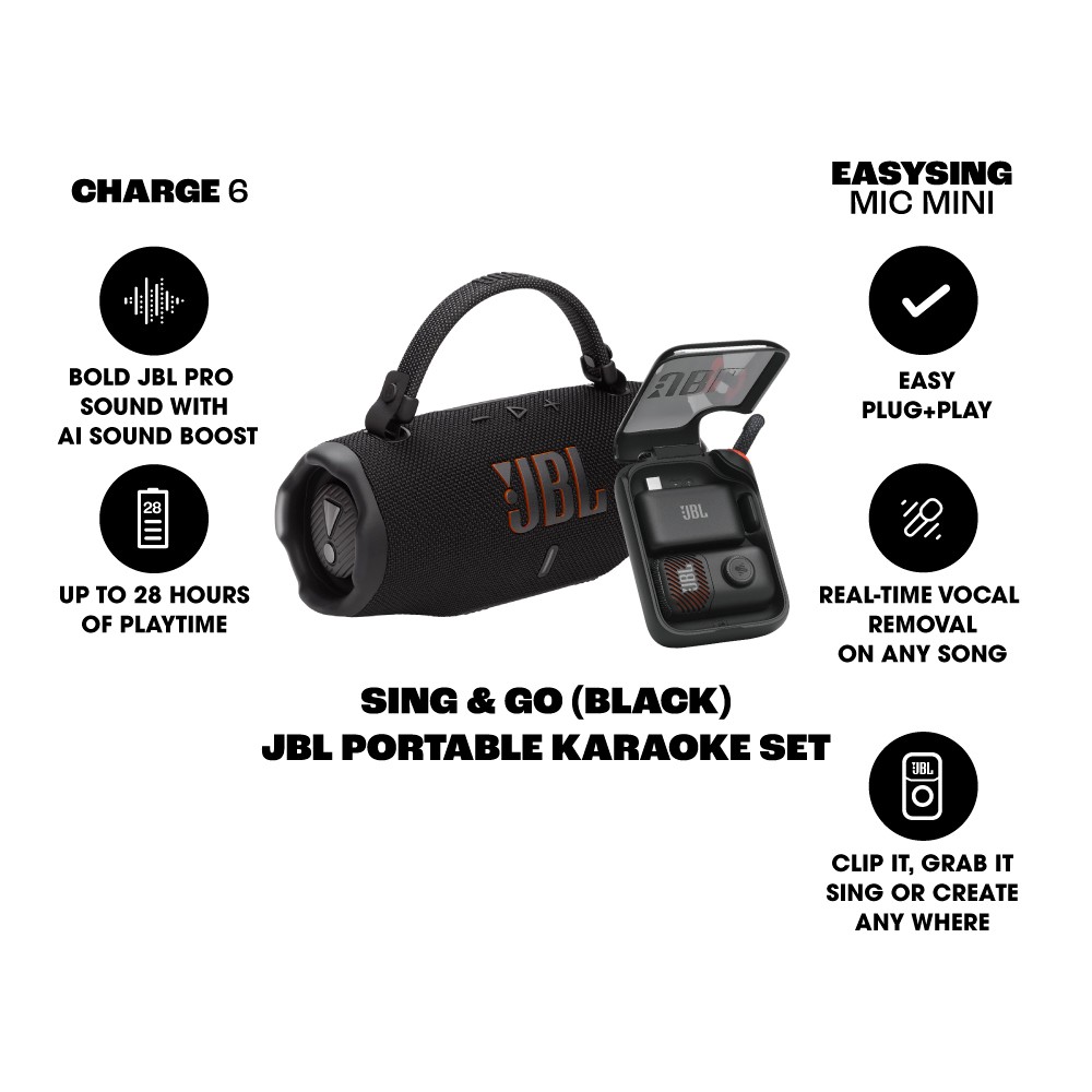 ลำโพงบลูทูธ JBL Karaoke Set Sing&Party Black (Charge6 & EasySing Mic Mini)