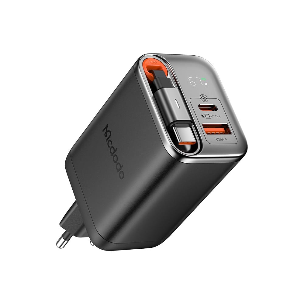 อะแดปเตอร์ MCDODO 67W 1C+1A Digital Display GaN Charger Built-in 65cm retractable USB-C Cable (A6703)