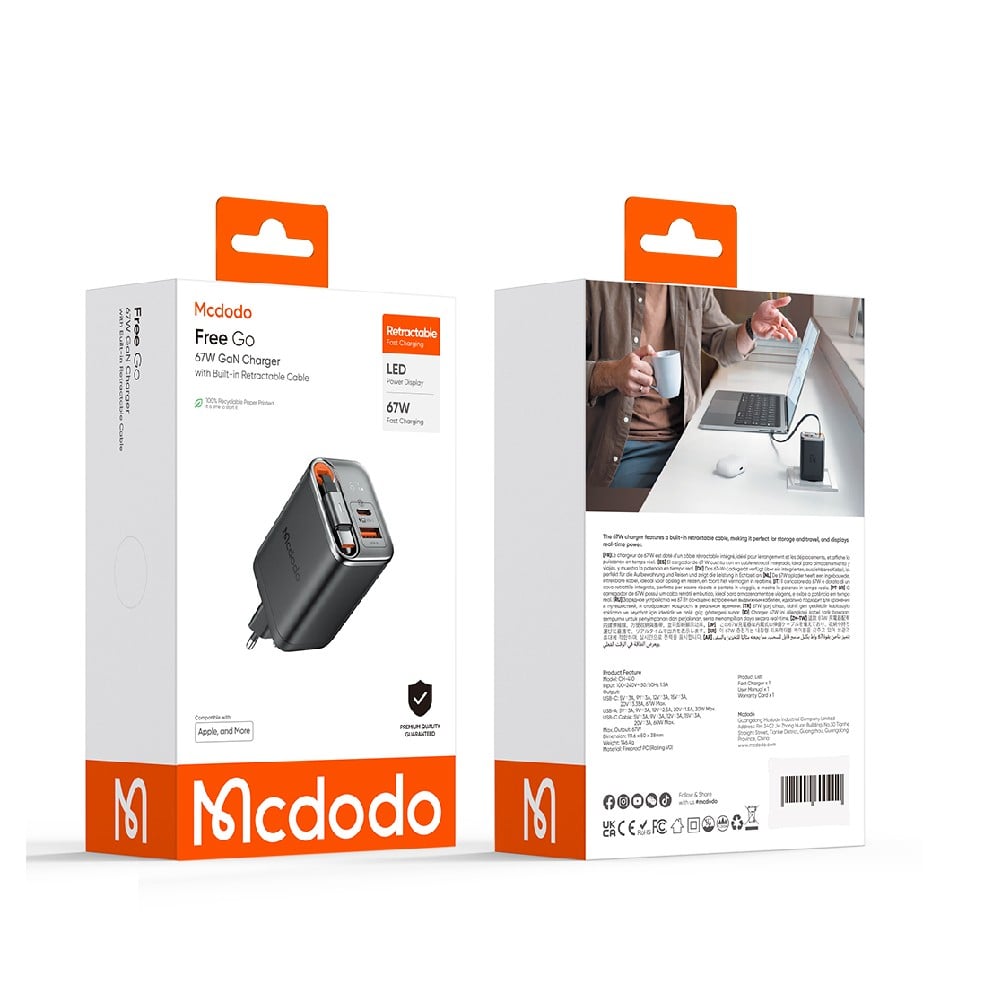 อะแดปเตอร์ MCDODO 67W 1C+1A Digital Display GaN Charger Built-in 65cm retractable USB-C Cable (A6703)