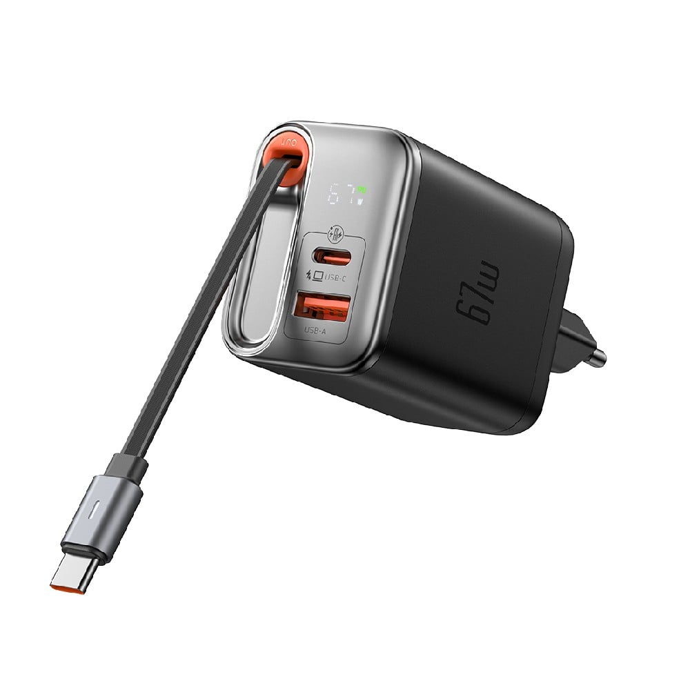 อะแดปเตอร์ MCDODO 67W 1C+1A Digital Display GaN Charger Built-in 65cm retractable USB-C Cable (A6703)